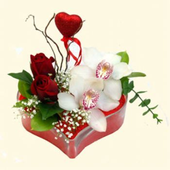  Afyon hediye sevgilime hediye iek  1 kandil orkide 5 adet kirmizi gl mika kalp